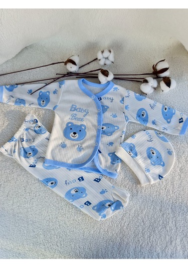 Erkek Bebek 3 Parça Raporlu İnterlok Hastane Çıkışı Zıbın Seti Beyaz - Mavi