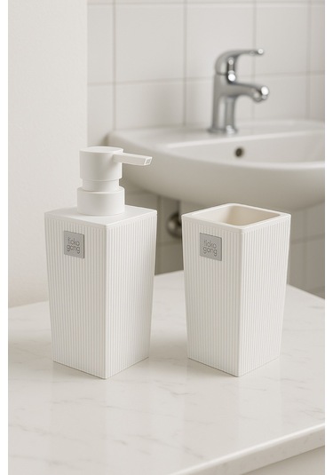Minimalist Banyo Seti Sıvı Sabunluk Ve Diş Fırçalık Modern Kare Tasarım Dc-6778 Beyaz