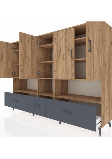 Hyperion Dolap 12 Raflı 3 Çekmeceli 5 Kapaklı 220x44x163 Çam-çam/ Çam-çam/antrasit