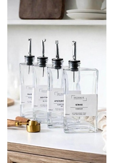 Cam Yağdanlık Seti 2 Li 500 Ml, Sızdırmaz Kapaklı, Etiketli Şişe Gümüş