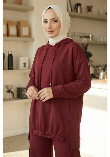 Bestenur Kapüşonlu Tunik Pantolon Takım 1682 - Bordo Bordo