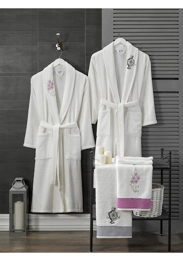 4 Parça Aile Bornoz Seti Kadın Erkek Havlulu Bornoz Takımı Beyaz Set