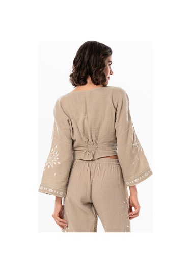 Uzun Kol Günışığı Büzgü Detaylı Yazlık Müslin Bluz Vizon Vzn-vizon Vizon