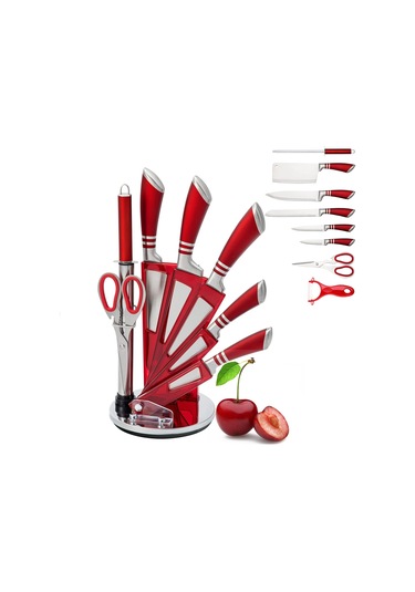 Bıçak Seti, Bileme, Makas, Sopa Paslanmaz Çelik Kırmızı İle 9 Parçalı Mutfak Bıçağı Seti Kırmızı