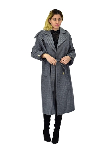 Kadın Çizgili Uzun Kaşe Kaban Bgl-st04118 Bej