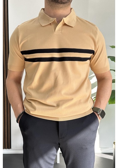 Erkek Açık Yaka Çizgli Tişört Sarı Edw236 Sarı