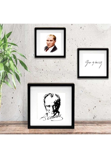 Mustafa Kemal Atatürk Tasarımlı Yapışkanlı Sök Tak Paspartulu Pola 3 'lü Çerçeve