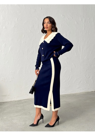 Kadın Bebe Yaka Triko Takım Lacivert