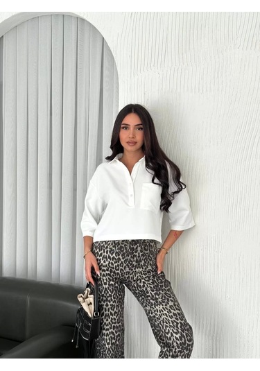 Z Krep Kadın Crop Yakalı Gömlek İlik Düğmeli Üç Çeyrek Sleeve Kol - Beyaz Beyaz