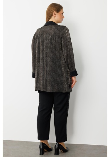 Moda İlgi Kadın Büyük Beden Cep Kapaklı Desenli İkili Takım 0303 Siyah Siyah