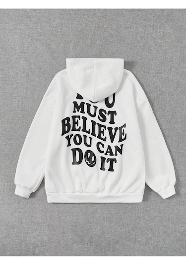 You Must Believe Sweatshirt - Beyaz Baskılı Oversize Kapüşonlu Beyaz