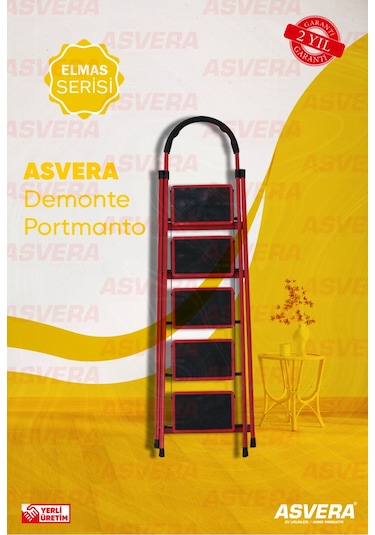 Elmas Serisi Carnaval 5 Li Ev Tipi Katlanır Merdiven Kırmızı, Kaymaz, Hafif, Dayanıklı 1 Adet