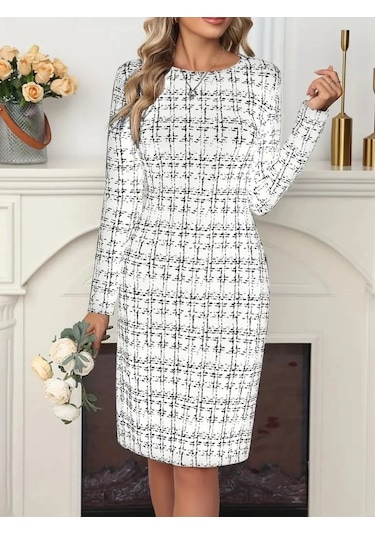 Kadın Uzun Kollu Bisiklet Yaka Desenli Dalgıç Kısa Elbise Beyaz