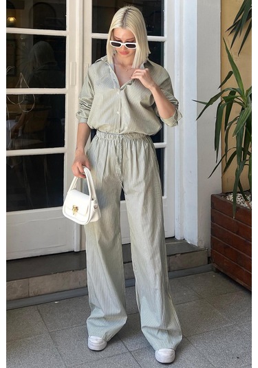 Madmext Yeşil Uzun Kollu Çizgili Gömlek Pantolon İkili Takım Mg2124-yeşil Yeşil