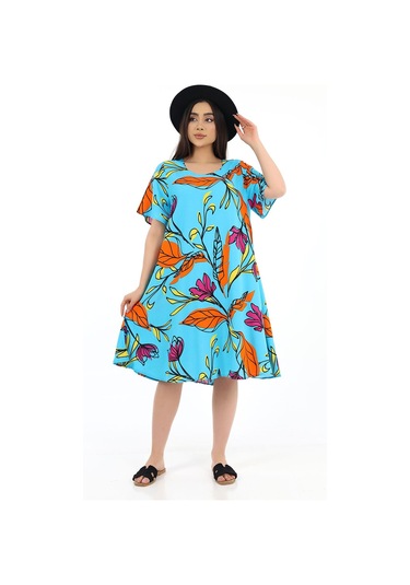 Schık Kadın Viskon Yarım Kol Kare Yaka Elbise Desenli Çok Renkli