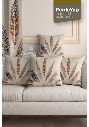 Etnik Rüya Tüyleri Desenli Dijital Baskılı 4'lü Kırlent Kılıfı