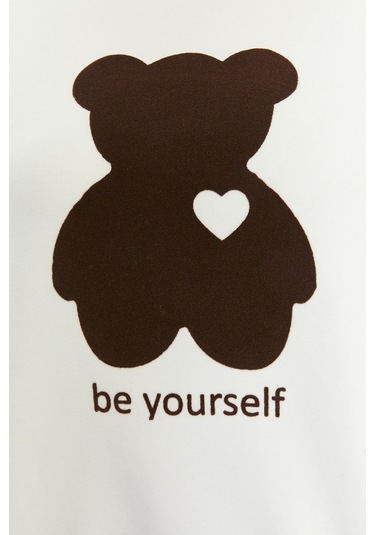 Kadife Be Yourself Desenli Ekru Yumuşak Dokulu Regular Fit Bisiklet Yaka Kadın Sweatshirt Ekru