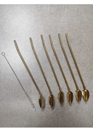 6'lı Paslanmaz Krom Pipetli Kokteyl Bar Kaşığı Ve Temizleme Fırçası, Pipetli Latte Kaşığı 22 Cm - Altınsarı