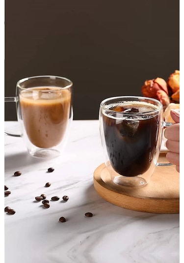 Çift Cidarlı Bardak Kupa 350 Ml Ev Ofis Espresso Kahve Çay Fincanı Borosilikat Kulplu Cam Bardak