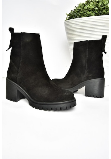 Fox Shoes R654006502 Siyah Hakiki Deri Süet Kalın Topuklu Kadın Bot Siyah