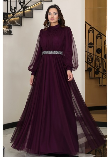 Alia Şık Taş Detaylı Büyük Beden Tesettür Abiye - Alya Mürdüm