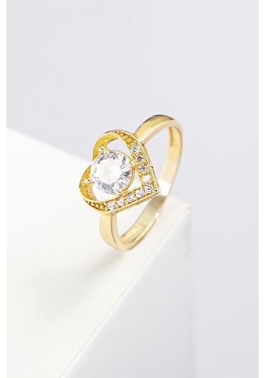 Altın Kaplama Kalp Motifli 925 Ayar Gümüş Bayan Yüzük -7979