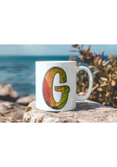 G Harf Yaprak Renkleri İle Kupa Bardak - Kişiye Özel Alfabe Harfli Bardak - Hediye Beyaz
