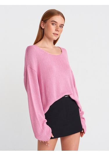 Dilvin 10706 Oval Yaka Yumuşak Dokulu Triko Kazak Pembe
