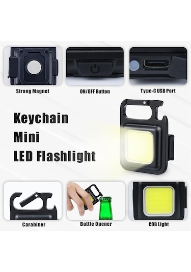 Mini El Feneri Şarj Edilebilir Parlama Cob Anahtarlık Işık Usb Şarj Acil Durum Lambaları Led Çalışma Işığı Taşınabilir Açık Kamp Işık Siyah