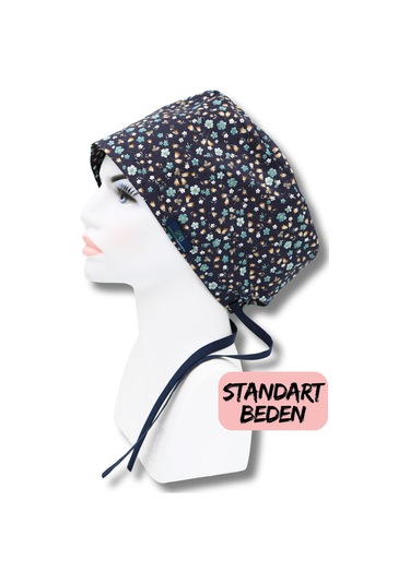 Standart Beden Lacivert Çıtır Çiçekler Cerrahi Bone Doktor Hemşire Sağlıkçı Hastane Bonesi Renkli