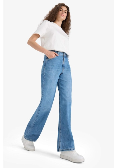 Defacto 90s Wide Leg Yüksek Bel Düz Paça Uzun Jean Pantolon F1704ax25aunm28 Mavi