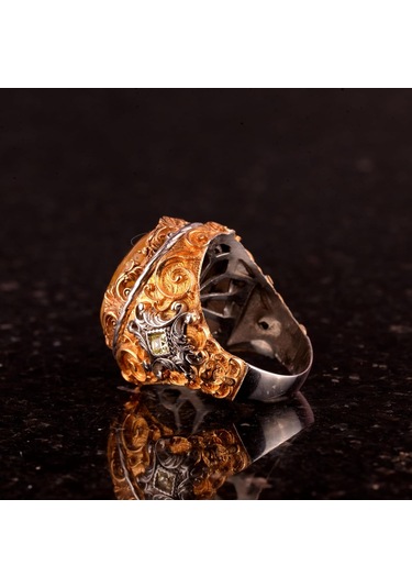 925 Ayar Gümüş Doğal Kehribar Taşlı Erkek Yüzük - El Yapımı Vintage Tarzı Takı Gümüş