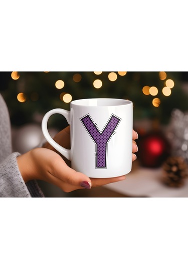 Y Harfi Mor Puantiyeli Kupa Bardak - Polka Dot Tasarım Kahve Çay Bardak - Kişiye Özel Hediyelik Beyaz