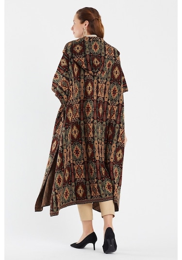 Uludağ Triko Kadın Kilim Desen Kapşonlu Panço Gümüş-Std Gümüş