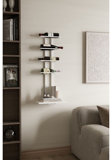 Aju Şaraplık Ve Kadeh Rafı Duvara Monte Şarap Mahseni Modern Duvar Alkol Rafı Metal Ve Ahşap Tasarım Beyaz