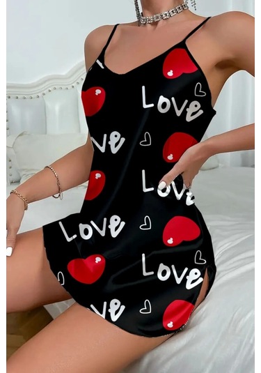Love Desenli Siyah Saten Gecelik Siyah