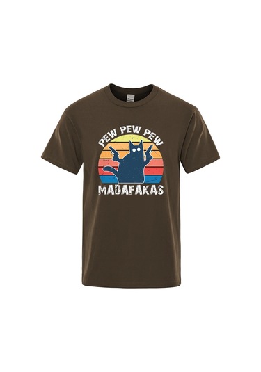 Teekossc Pew Pew Madafakas Erkek Kısa Kollu Komik Kedi T-shirt Vintage Yazlık Ekip Üstü Streetwear Chınalavanta Lavanta