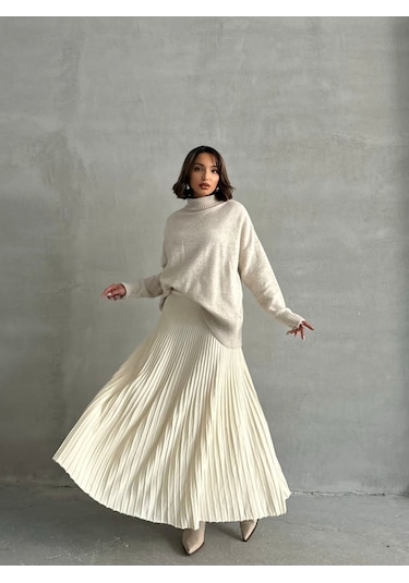 Kadın Piliseli Uzun Triko Etek Krem