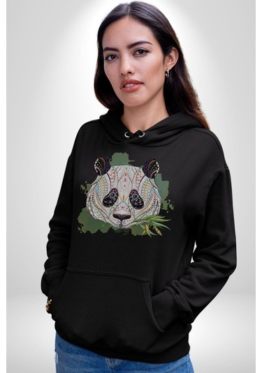Panda Mandala Kadın Erkek Siyah Kapüşonlu Sweatshirt Hoodie Siyah