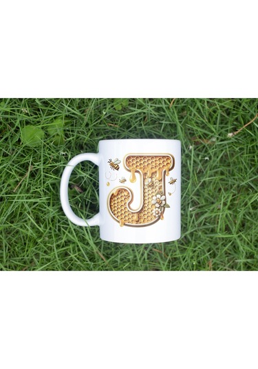 J Harfi Bal Arısı Tasarım Kupa Bardak - Bal Ve Petek Desenli Kişiye Özel Kahve Kupası - Hediyelik Beyaz