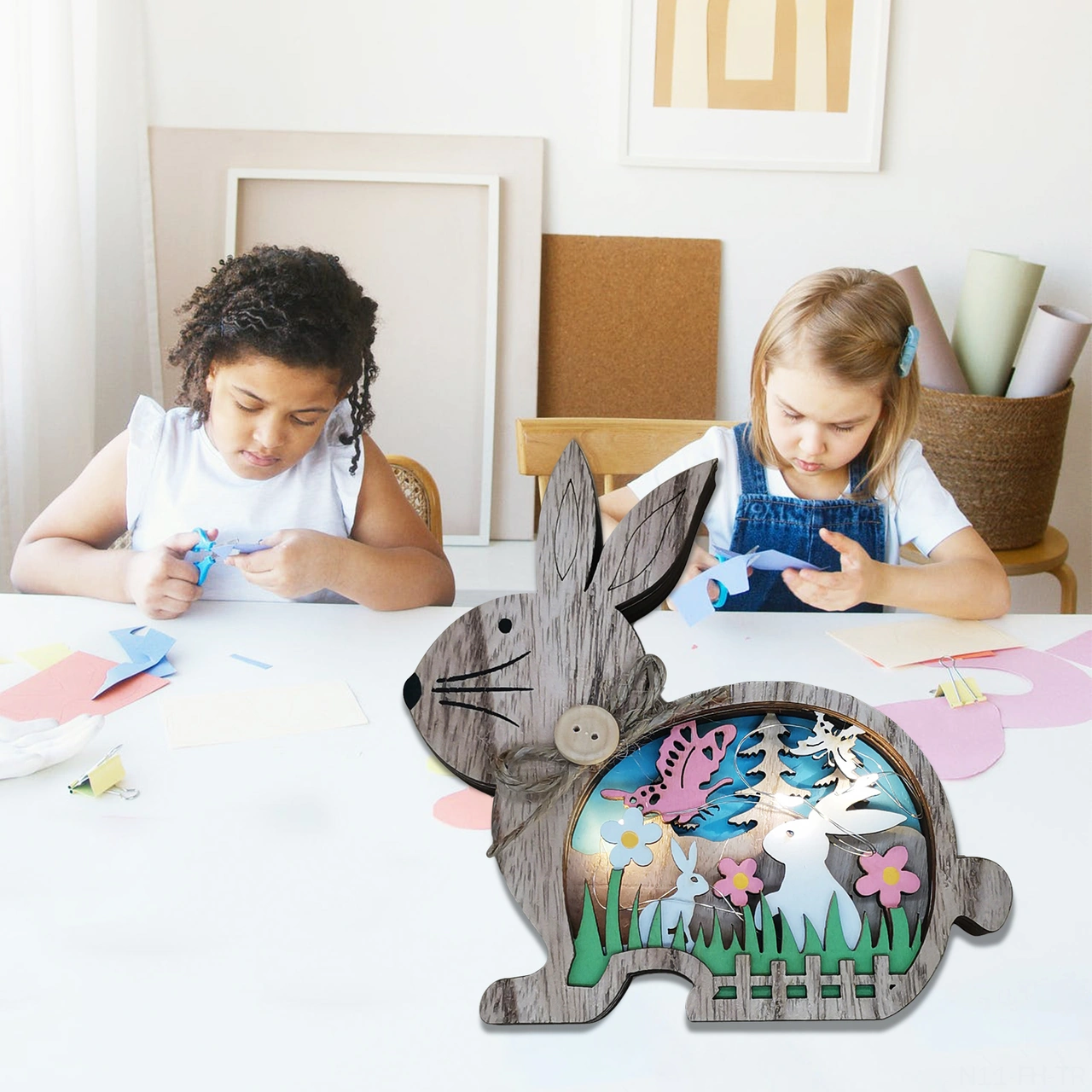 Folinda Led Işıklı Ahşap Paskalya Tavşanı Dekorasyon, Islak Işık Effekti İle Ev/parti/ofis Zenginleştirici 3 Adet Ag10 Pil Dahil