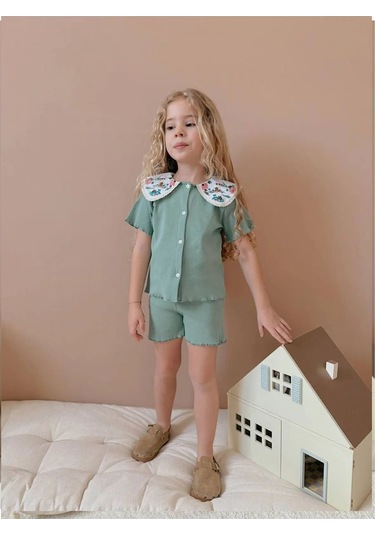 Nakışlı Bebe Yaka Kız Çocuk Takım Turkuaz