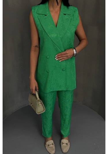 Leyla Sanat Sanata Yeni Bir Bakış Açısı Jakar Kumaş Yelek - Pantolon Takım - Yeşil Yeşil
