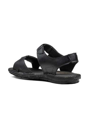 Günlük Erkek Hakiki Deri Rahat Yumuşak Kalıp Yazlık Tek Bant Cırtlı Kaymaz Taban Sandalet 107 Siyah