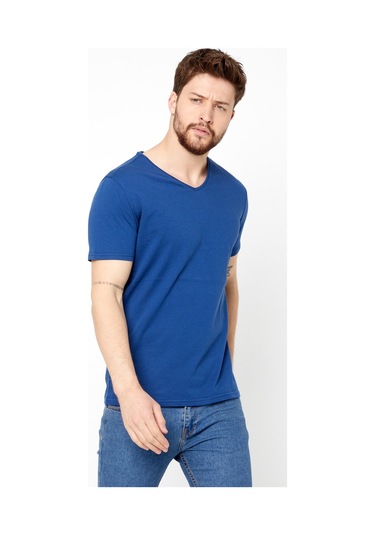 Comeor Erkek Mavi Basıc Slim Fit Pamuklu Kısa Kollu V Yaka T-Shir