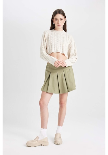 Defacto Coool Piliseli Normal Bel Basic Düz Gabardin Mini Etek D5265AX24AUKH461 Haki