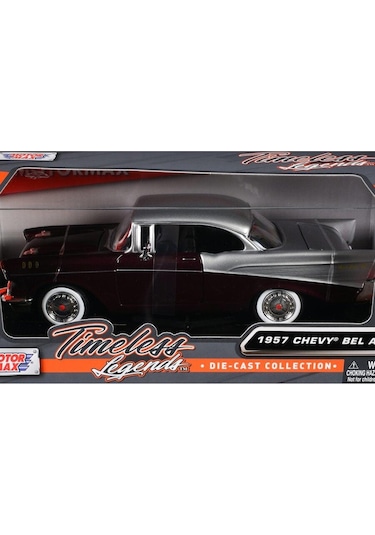 Motormax 1957 Chevy Bel Air Burgundy Metallic And Silver Metallic "timeless Legends" Series 1/24 Model Araba