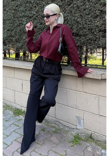 Madmext Bordo Muslin Kumaş Basic Kadın Gömlek Mg1660 Bordo