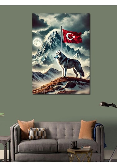 Kanvas Tablo Kurt Ve Türk Bayrağı 100cmx140cm