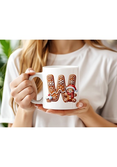 W Kurabiye Harf Ve Ayıcık Detaylı Kupa Bardak - Yeni Yıl / Yılbaşı Temalı Tasarım - Noel Hediye Beyaz